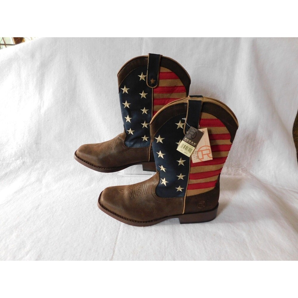 Roper Boots Men's Brown Leather American Flag Cowboy Boots Size 10.5